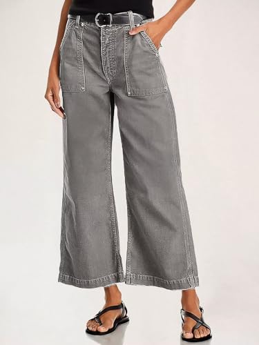 Flamingals Straight Wide Leg Mid Waisted Casual Raw Jeans for Women Gray S