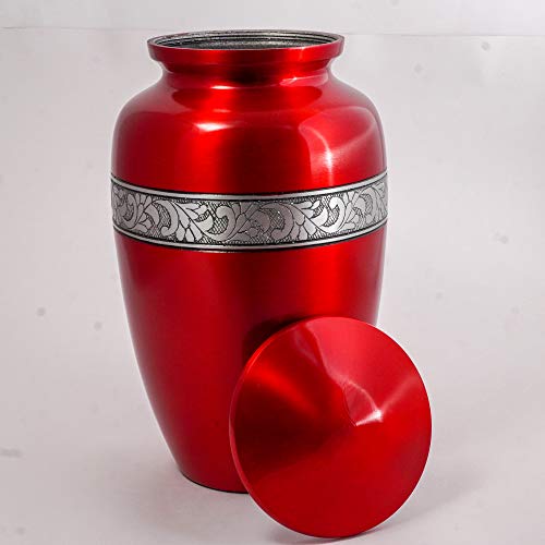 Image of Silver Engraved Aluminium Cremation Urn for Human Ashes Adult - Handcrafted Funeral Memorial Ash Storage Urn - Bag Included (Red, 6.5 inch x 6.5 inch x 10.5 inch - 200lbs or 91kg)