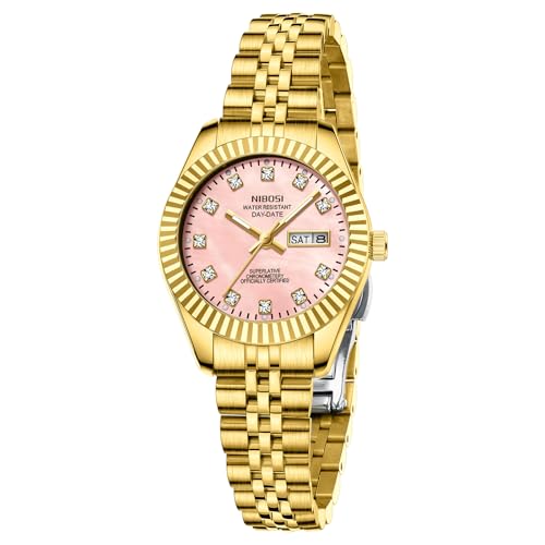Image of NIBOSI Watches for Women Stainless Steel Dial with Date Window Exquisite Luxury Diamonds with Luminescent Properties Women's Watch for Small Wrists(Gold Pink)