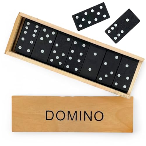 MIJOMA Holz Domino-Spiel – 28 Dominosteine mit klassischer Punkte-Markierung – In hochwertiger Holzbox – Familienspiel für Kinder & Erwachsene