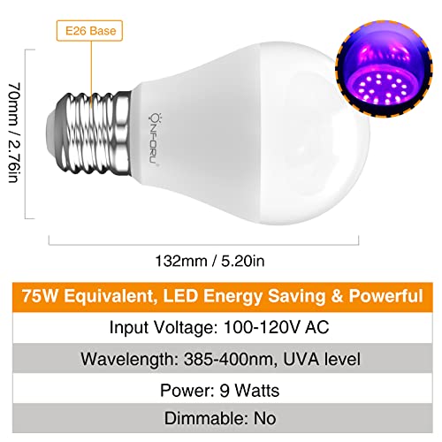 Onforu 9W Led Black Light Bulbs, A19 E26 Blacklight Bulb 75W Equivalent, Purple Bulb 385-400Nm, Glow In The Dark For Halloween, Black Lights Party, Body Paint, Fluorescent Poster, Neon Glow, 6 Pack #TOP2