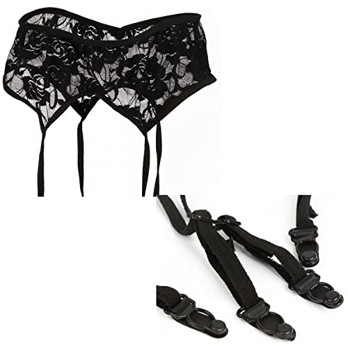 Vicsec Garter Belt & Stockings Sets Women Lace Suspenders Bowknot Decor Pantyhose For Thigh Highs With 4 Straps Double Layers Lace, Black #TOP3