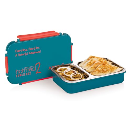 Image of ATTRO Hot-Meal 2 Insulated Lunch Box with 2 Compartment, Inner Stainless Steel & Locking Lid BPA-Free Food Grade Ideal for School, Office - 800ml Dark Blue