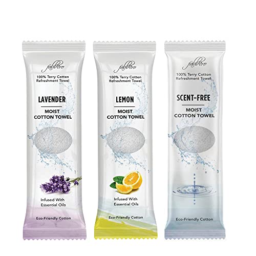 FabbPro Oshibori Moist Terry Cotton Refreshment Towels (75 Pack, 8 x 8 Inches) - White Pre-moistened 100% Cotton Towel to Use Hot or Cold – Unscented, Lemon & Lavender Scent – Bundle of 25 each