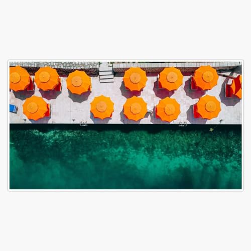 Overview head portrait angle aerial drone bird's eye view poolside emerald waters vacation umbrellas color photograph photography Window Water Bottle Bumper Sticker Decal 5