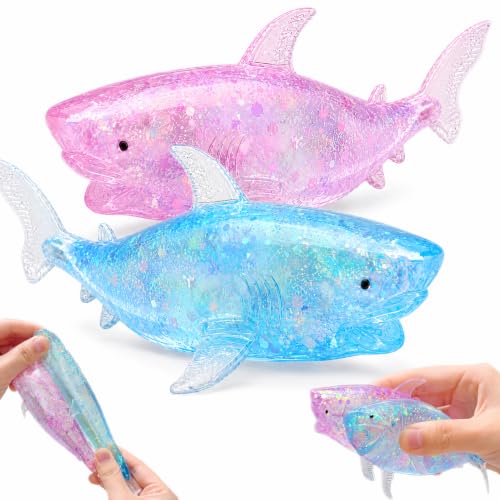 2 Pack Squishy Shark Stress Sugar Balls for Adults Kawaii Animals Squishy Vase Fillers Glitter Shark Sugar Ball Stress Vase Fillers for Party Favors Easter Basket Stuffers (Blue & Purple)