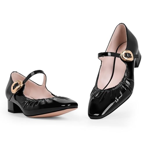 Women's Square Toe Chunky Heel Buckle Strap Mary Janes Pumps Patent Leather Dress Shoes3