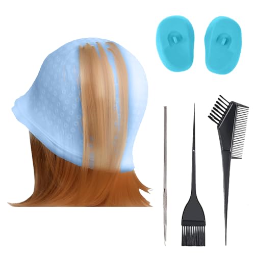 Fychuo 6Pcs Highlighting Cap Kit Silicone Highlight Cap Professional Highlights Hair Dye Kit Reusable Hair Colouring Tools Hair Dye Comb Brush Needles Ear Muffs