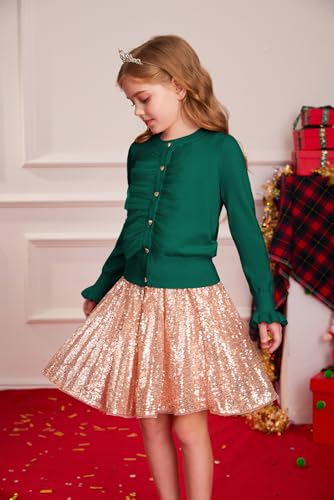 Image of Dark Green Cardigan for Girls 8-10 Years Button Uniform Sweater for Christmas
