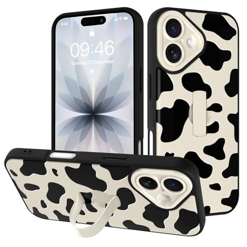 Image of for iPhone 17 Case with Finger Strap Holder, Cute Cool Cow Print Pattern Design for Women Men, Shockproof Anti Scratch Hand Kickstand Protective Cover, White