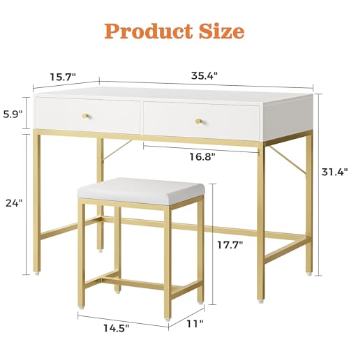 Image of SUPERJARE 35.4 inch White and Gold Desk with 2 Drawers, Modern Makeup Vanity