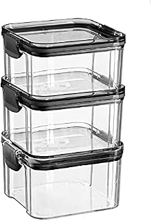 Argon Tableware 3x 460ml Airtight Food Storage Stackable Container - Plastic Kitchen Storage Jars Pantry Organiser Solution - Airtight Clip Lid - Black