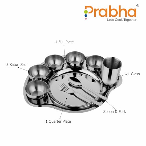 Image of Prabha Stainless Steel Dinner Set of 9 Pcs | Shagun Rajwada Silver Thali Set For Serving |Bhojan Thal Kitchen Dinnerware Set Ideal Gifting Anniversary, Wedding |Durable, Cleanable, Useable, High Grade