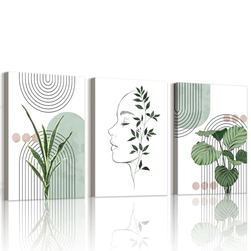 WENGTIAO Set of 3 Boho Sage Green Plants Canvas Wall Art Prints Framed Pictures Aesthetic Geometric Line Painting on Canvas Living Room Bedroom Home Wall Decor Ready to Hang 30x40cmx3