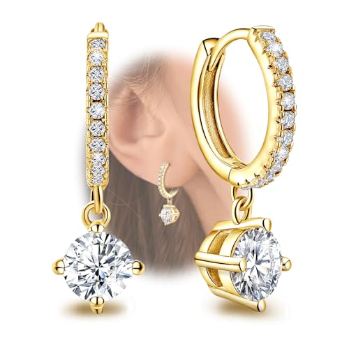 Hoop Earrings with Dangle Round - Sterling Silver Huggie Hoop Earrings for Women Trendy Hypoallergenic Small Loop Earring with Dangling Charm for Sensitive Ears Cubic Zirconia Fashion Jewelry Gifts