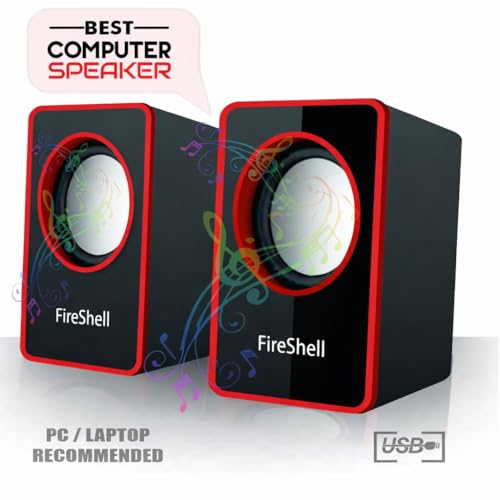 Image of Fireshell USB Powered Computer Speakers 6W Stereo Sound with Multicolor LED Lights, AUX Input & Volume Control Pod for PC, Laptop & Desktop (Red)