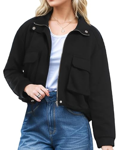 MISS MOLY Womens Cropped Jacket Zip Up Casual Long Sleeve Bomber Coat with Pockets Trendy 20253