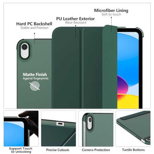 Image of MoKo for iPad (A16) 11th Generation Case 11 Inch 2025,iPad 10th Generation Case 10.9 Inch 2022,Slim Stand Hard PC Translucent Back Shell Smart Cover,Support Touch ID,Auto Wake /Sleep,Midnight Green