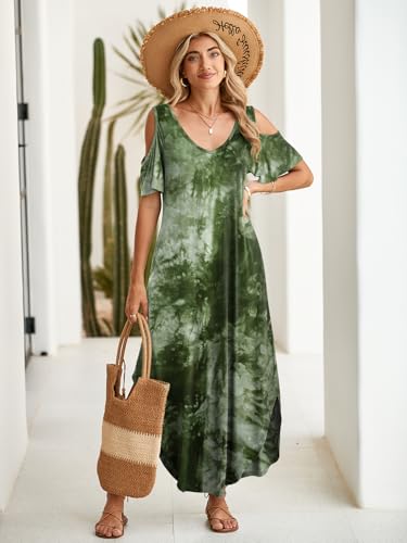 Image of BELAROI Womens Cold Shoulder Maxi Dress Plus Size V Neck Summer Sundresses with Pockets Beach Coverup Vacation Outfits