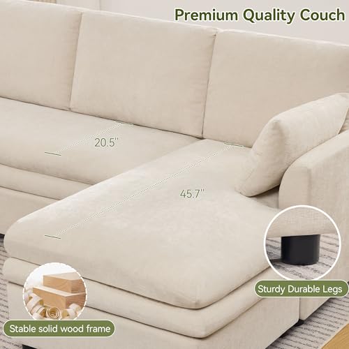 Image of 85 inch Sectional Couches with Right Chaise, Comfy Deep Dual-Layer Cushion Couch, 4 Seater L Shaped Couch, Modern Modular Sofa, Chenille Sofas for Living Room, Apartment, Beige