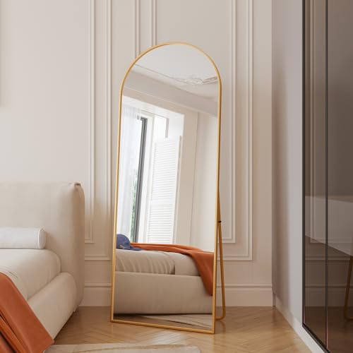 RXMORI Espejo de cuerpo entero abovedado de 60 x 165 cm, espejo de pie, para colgar, de pie o apoyado, marco de aluminio, para salón, dormitorio, vestidor (dorado)