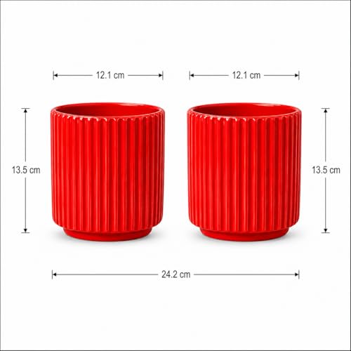 Image of Xtore 2Pc Striking Ribbed Red Ceramic Planter Pot for Indoor Plants & Bonsai Styling | Compact Round Design for Tabletop, Shelf & Desk Decor (Red, Pack of 2 - Planters only)
