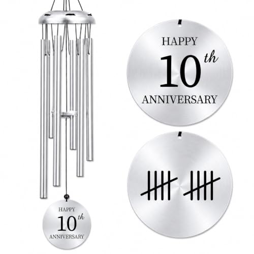 10th Wedding Anniversary Tin Gift for Couples, Aluminum Wind Chimes for Outside, 10 Years of Marriage Keepsake Decor for Wife, Husband, 26 Inch (10th