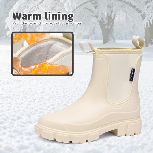 GemChve Gummistiefel Damen Winter, Chelsea Boots Gefüttert Wasserdicht, Gummistiefeletten Halbhohe Gartenschuhe, Rutschsicher Regenschuhe, Abriebfest Komfort Schlupfstiefel White 39 EU