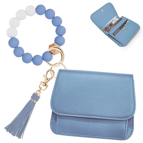 Image of Keychain Wallet for Women,RFID Wristlet Wallet with Beaded Strap | Tri-Fold Design,6 Card Slots,ID Window,Zipper Coin Pocket,Lightweight Carry