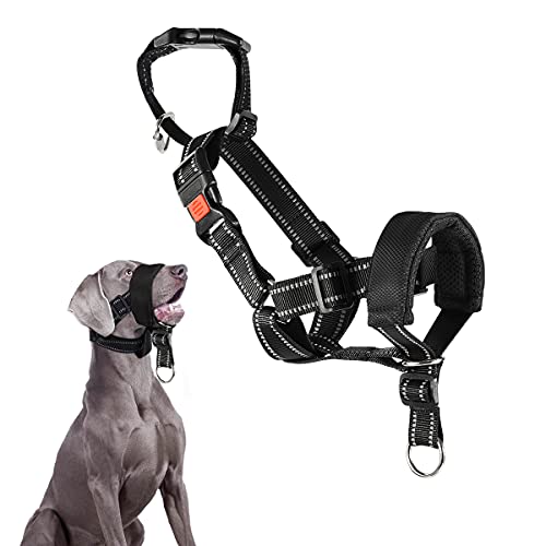 VavoPaw Dogs Muzzle Guard, Soft Padding Light-reflecting Nylon Strip Dog Muzzle Prevent from Biting, Chewing, Barking, Universal Muzzle Adjustable Snout & Neck Strap fit for Large Dogs, Black