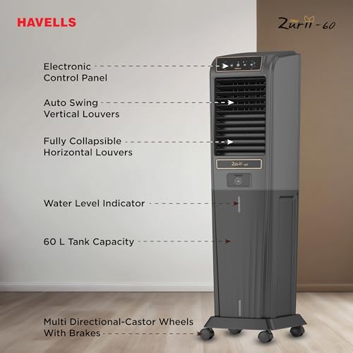 Image of Havells Zurii 60 L Tower Air Cooler for Room|With Remote & Electronic Panel|Fully Collapsible louvers|Low Water Alarm|Dust Filter Net|Timer Function|Bacteria Shield Honeycomb Pads|Dry Run Protection