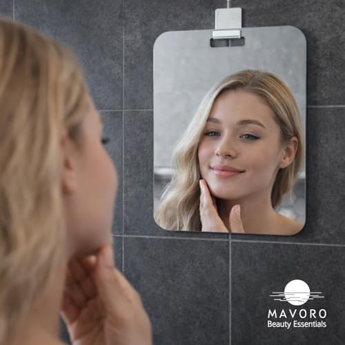 Miniatura 7 de Mavoro Espejo De Afeitado De 7 X 9 Pulgadas Para Ducha Con Gancho Adhesivo 3m, Espejo De Ducha Para Colgar En Cualquier Lugar, Acrílico, Irrompible, Menos Empañamiento, Elegante Sin Marco, Seguridad