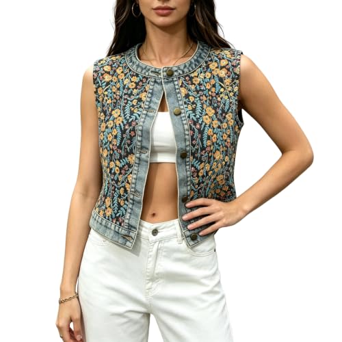 Noejsio Women's Floral Denim Vest Sleeveless Jean Jacket Button Down Embroidered Waistcoat Top(Black,M)