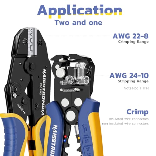 Image of haisstronica Wire Stripper and Crimping Tool,AWG 24-10 Automatic Stripper Tool with AWG 22-8 Ratchet Wire Crimper For Non-Insulated Connectors