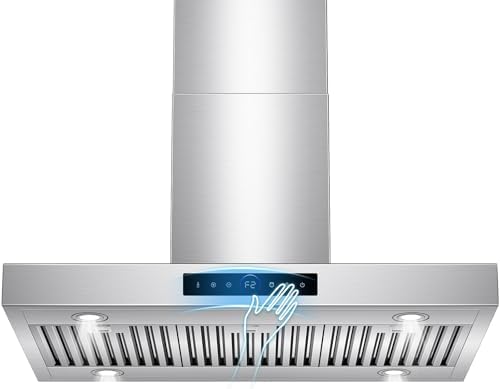 36 inch Island Range Hood Ceiling Mount 1200 CFM with 4-Speed Gesture Sensing & Touch Control, Ducted/Ductless Stainless Steel Kitchen Stove Vent Hoods with 4 LED Lights, Timer,Dishwasher-Safe Filters