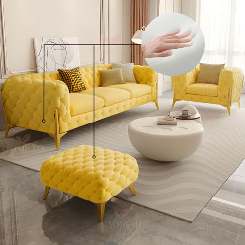 Image of 4 Seater Sofa Set Modern Classic Chesterfield Style Fabric Velvet with Pillows for Living Room, Bedroom and Office and Hallway Colour (3+1+OTTO Yellow FC)