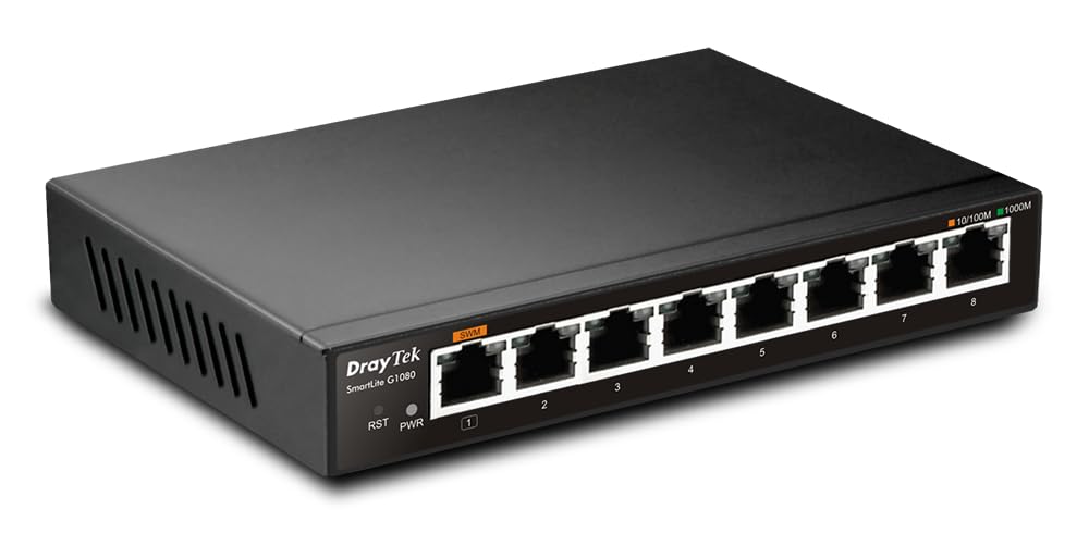 Draytek VigorSwitch G1080 8-Port Gigabit Managed Switch | Wall Mountable | Portable | Power from USB, QoS, 802.1q VLANs