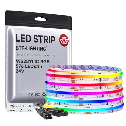 BTF-LIGHTING RGB WS2811 Smart IC FCOB COB LED Strip, UL Listed 576LEDs/m High Density Color Chasing Uniform Light, DC24V 24FT 10mm Width Tape Light for Home Party DIY Decor(No Adapter or Controller)