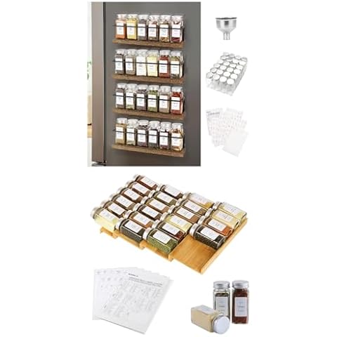 KitHero Magnetic Spice Rack with 24 Jars & Spice Drawer Organizer with 20 Spice Jars Cover