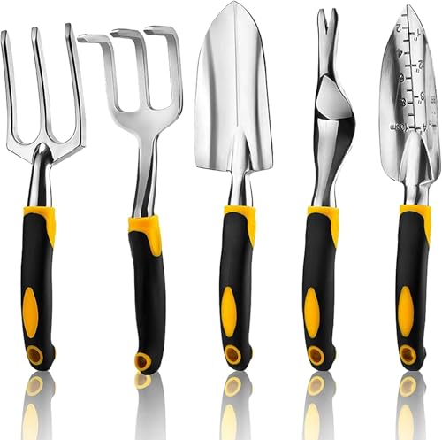 5 Piece Gardening Tools Set Including Trowel, Transplanted, Cultivator, Weedier, Weeding Fork, Garden Tools with Heavy Duty Cast-Aluminium Heads & Ergonomic Handles 5 Piece Gardening Tools Set Including Trowel, Transplanted, Cultivator, Weedier, Weeding Fork, Garden Tools with Heavy Duty Cast-Aluminium Heads & Ergonomic Handles
