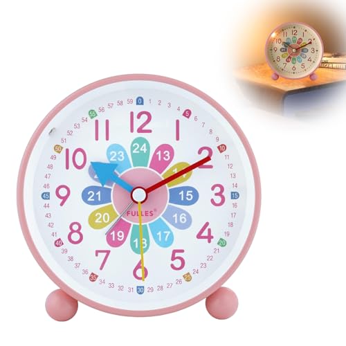 Herbst Kinder Wecker, Kinderwecker Analog Ohne Ticken Lernwecker mit Nachtlicht Tragbarer Wecker Kinder Mädchen mit Sanfter Weckklingelton für Schulanfänge Batteriebetriebene (Ohne Akku) - Rosa