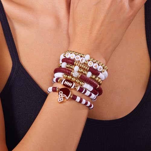 RINHOO Game Day Bracelets for Women Stackable Heishi Clay Beaded Stretch Bracelet Football Sport Fan Bracelet Sports Game Team Jewelry (Style 1-Brown) — view 3