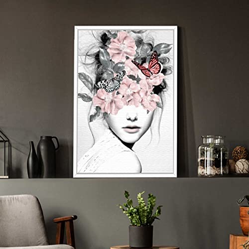Image of PAINTINGMANTRA Blossom Pink Girl Flower Bouquet White Framed Canvas Print for Wall, Home and Living Room Decoration (Size - 23 x 17 Inchs)