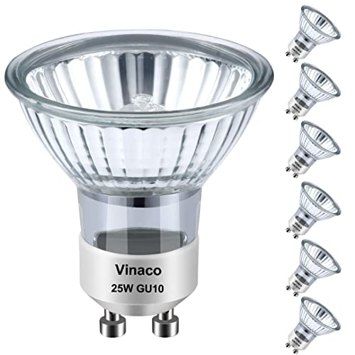 Vinaco GU10 Halogen Bulb 25W, 6 Pack GU10 Spotlight 38° Beam Angle, GU10 Bulbs Warm White 2800K Dimmable, Long Lasting GU10+C 230V 25W for Recessed Bulbs, Track Light Bulbs