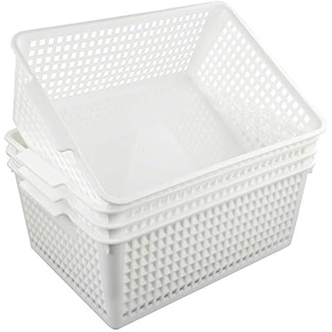 Fosly Large Rectangular Storage Baskets, Set of 4, White Plastic Basket Boxes Bin Cover