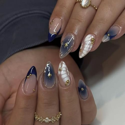 3D Press on Nails Medium Almond Bohemian Design, Navy-Nude Ombre