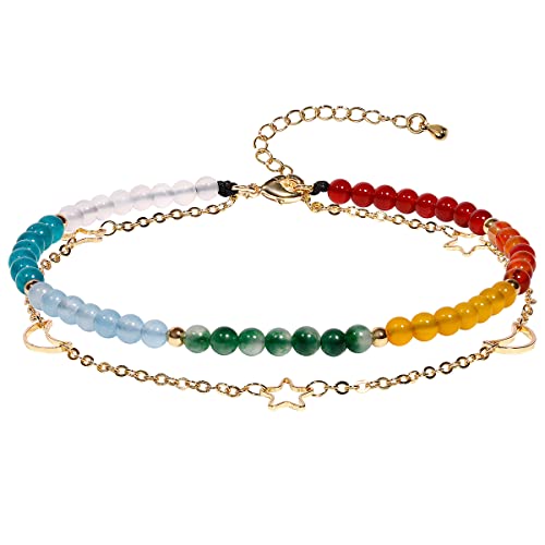 Image of XHUUU Layered 7 Chakra Star and Moon 14k Gold Plated Ankle Bracelets for Women Spiritual Calming Beaded Anklet Adjustable Rainbow Beach Foot Jewelry Gifts