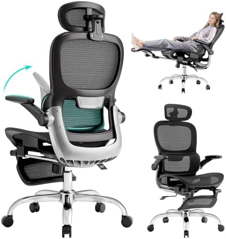 Ergonomic Office Chair,Office Chair with Tilt Function,Mesh Office Chair with Footrest,Ergonomic Chair with Adaptive Backrest, Adjustable Headrest,SGS Class 4 Gas Clylinder and Flip-Up Armrests