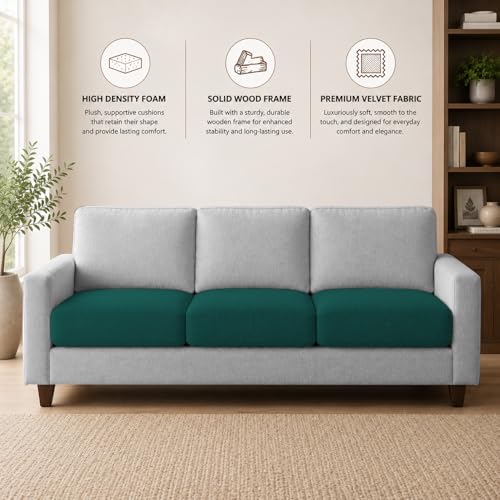 Image of Casaliving Gladino Modern Velvet Fabric Sofa, Tufted Design Upholstered 3 Seater Sofa Set for Living Room, Premium Velvet Fabric Sofa (Pine Grey)