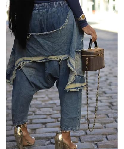 Women's Baggy Stretchy Denim Harem Pants Elastic High Waisted Washed Distressed Ripped Raw Edge Wide Leg Jeans3